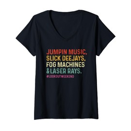 Womens Jumping Music Slick Deejays Fog Machines Laser Rays Party V-Neck T-Shirt