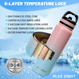 pluseight 32 oz Insulated Water Bottle With Straw, Stainless Steel Water Bottle Wide Mouth for Sports, Gym or Office, BPA-Free Keep Cold 24H Hot 12H (Pink Blue)