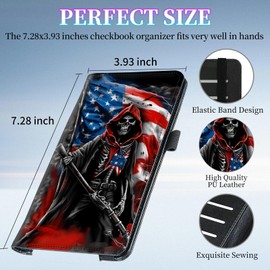 LYHXLYJH Checkbook Cover for Duplicate Checks,Slim Durable RFID Blocking Checkbook Credit Card Holder for Personal and Business Checks-Flag Skull Swordsman
