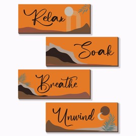 ONIZHITY 4 Pcs Orange Bathroom Decor Orange Boho Wall Decor with Relax Soak Unwind Breathe Relaxing Quotes Abstract Wooden Farmhouse Wall Art for Bedroom Living Room Office (Orange Boho 10X4 Inch)