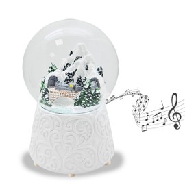Snow Globe Christmas Music Box | Snowy Mountains with Bridge | Base White with Ornaments | Height: 14 cm Width 10 cm | 20292 (Berg Bridge White Ornament)