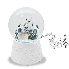 Snow Globe Christmas Music Box | Snowy Mountains with Bridge | Base White with Ornaments | Height: 14 cm Width 10 cm | 20292 (Berg Bridge White Ornament)