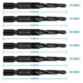 6-Piece 10-32NC Combination Drill Tap Countersink Bit Set SAE, Made of High-Speed Steel with Anti-Rust Blackened Coating, Ideal for Soft Metal, Wood & Plastic, 10-32NC Thread Size, 1/4” Hex Shank