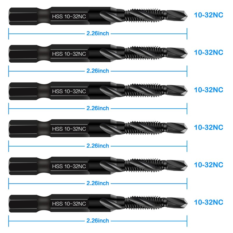 6-Piece 10-32NC Combination Drill Tap Countersink Bit Set SAE, Made