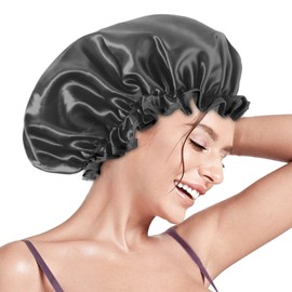Aquior Shower Caps, Reusable Shower Cap for Women, Double Layer Waterproof Hair Cap, Large Size for All Hair Lengths,for Girls Spa Home Salon Use (Black)