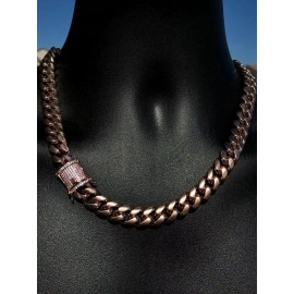 Harlembling Men's Miami Cuban 20" Choker Chain 14k Rose Gold Plated Stainless Steel 12mm CZ