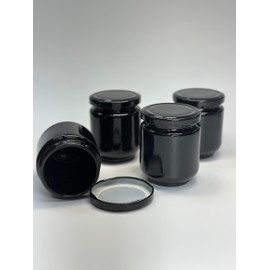 Glass Jars with Lids 4-Pack (6.5 Ounce) | Recyclable Black Jar Ideal for Storage | Small Jars with Black Lids | Leak Proof Storage Containers Airtight Seal - Perfect for Homemakers & Crafters