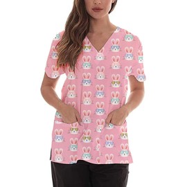 Women's V-Neck Short Sleeve Funny Bunny Printed Holiday Rabbit Scrub Tops PWYA M