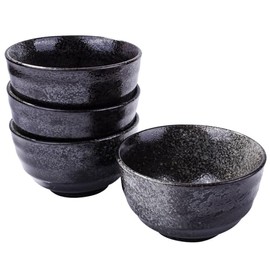 Swlthwen Japanese Porcelain Rice Bowl Set of 4, Black Ceramic Sauce Bowls Sushi Bowls for Soup Cereal Ota Sushi Rice