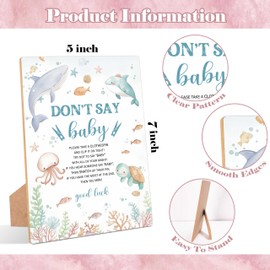 Under The Sea Don't Say Baby Clothespin Game, Pack of 1 Wooden Tabletop Sign with Stand and 50 Mini Natural Clothespins, Sea Creatures Ocean Baby Shower Game, Gender Reveal Party Decorations - QX14
