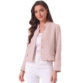 Allegra K Women's Plaid Tweed Blazer Long Sleeve Button Down Work Office Short Jacket Small Pink