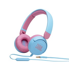 JBL JR310BLU Children's Headphones with Volume Control, Customized Stickers, Remote Control Microphone, Light Blue/Pink, 2021 Model