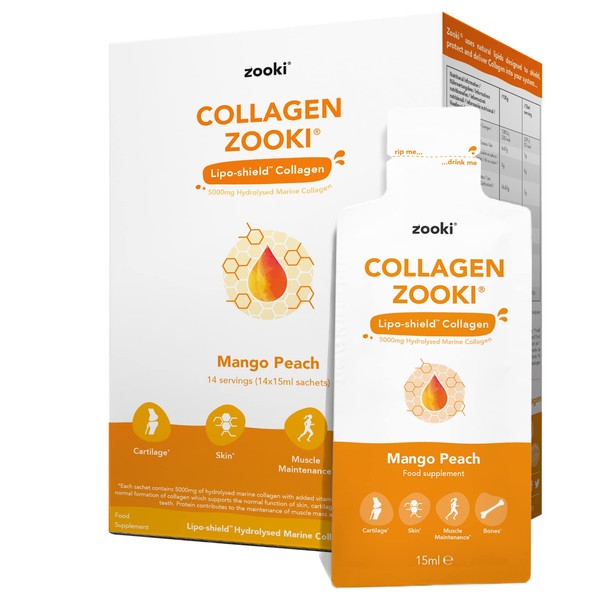 Zooki® Marine Liquid Collagen Sachets | Hydrolysed Marine Collagen Peptides | Support Skin, Hair, Nails, Joints & Muscles | (Mango Peach, 14 Servings)