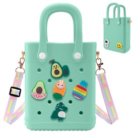 Mini Rubber Tote Bag, EVA Beach Tote with 30 Charms, Cute Bag for Little Girl & Women with Adjustable Shoulder Strap