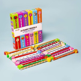 abeec 24 Funky Pencils with Eraser Toppers - 24 Pencils with Rubbers Set - 12 Different Designs with 2 of Each - Drawing Pencils for Kids 6+ - Party Bag Fillers