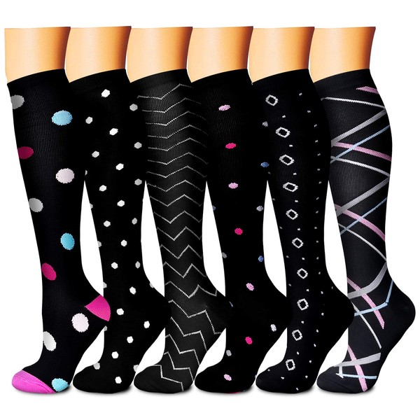 6 Pairs Compression Socks for Men & Women,15-20mmHg is Best for Running, Athletic, Medical, Pregnancy, Travel (Pink/Blue/Black/Black/White/Blue, Small-Medium)