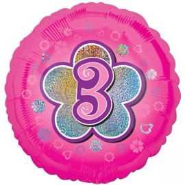Anagram, Qualatex 3rd Birthday Balloons 18" Foil Mylar THREE Happy 3rd Birthday Party Balloons  - Pink Flower--3