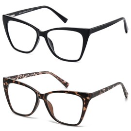 LKEYE Oversized Reading Glasses For Women Cat Eye Computer Blue Light Blocking Reader Stylish Ladies Designer Fashion Large Unbreakable Eyeglasses 2pack Black Leopard LK6042 + 2.00 x