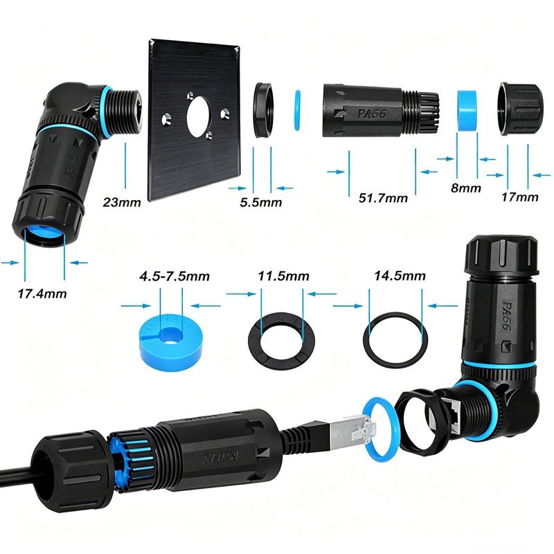 Lonlonty 90 Degree RJ45 Cat6 Coupler IP68 Female 10Gbps Waterproof