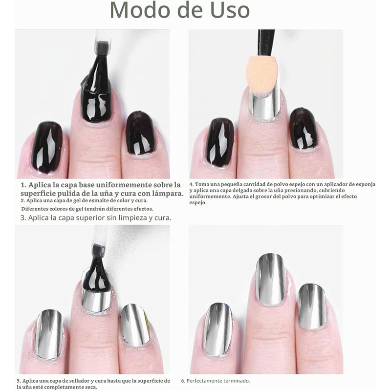Polvo para Uñas con Efecto Espejo y Cromado Metálico para