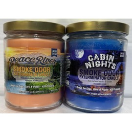 Smoke Odor Exterminator 13 oz Jar Candle, Peace River & Cabin Nights Set of 2 Candles.