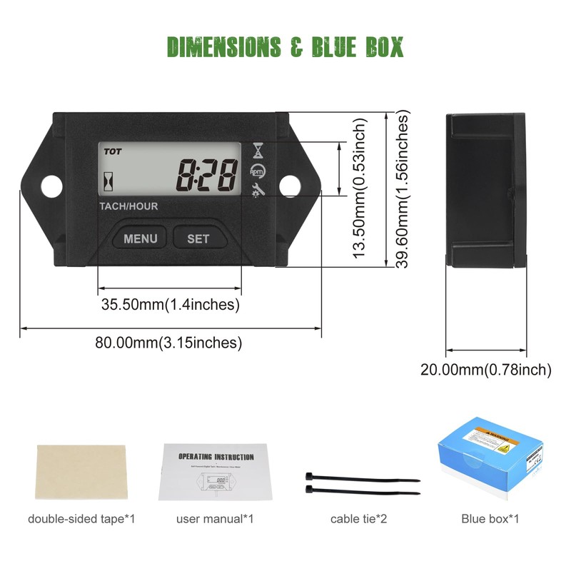 Yooreal Digital Maintenance Operating Hour Meter Tachometer for 2 or