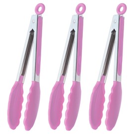 HINMAY Pinzas para servir con puntas de silicona de 22 cm, acero inoxidable, juego de 3 (rosa)