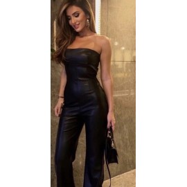 ZARA NEW WOMAN OFF-SHOULDER FAUX LEATHER STRAPLESS JUMPSUIT M L BLACK 7901/255 - M
