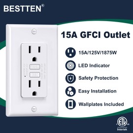 BESTTEN GFCI Outlet 15 Amp with Super Slim Design, GFI Electrical Outlet with LED Indicator, Non-Tamper-Resistant GFCI Receptacle, Wallplate Included, ETL Certified, 10 Pack, White