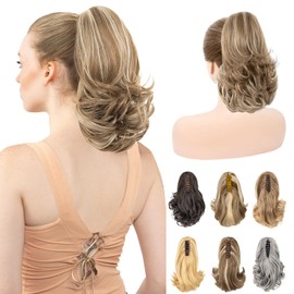 LuxeHair 11” Classic Loose Curly Claw Clip In Ponytail Extension, Short Curly Wavy Claw Clip On Ponytails Hair Extensions Hairpieces for Women- Golden Brown/Blonde HL