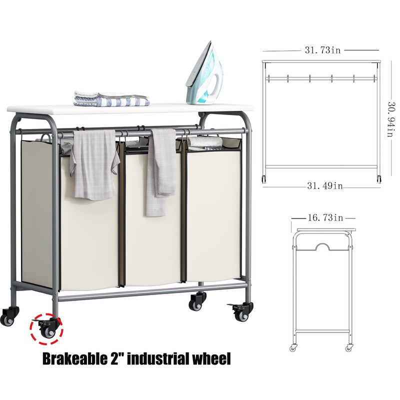 LINZINAR 3 Bag Laundry Basket Sorter Heavy Duty Rolling Lockable