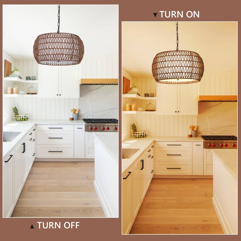 PAUFUL Rattan Farmhouse Chandelier Light Fixtures,5-Lights Boho Large Pendant Light,Woven