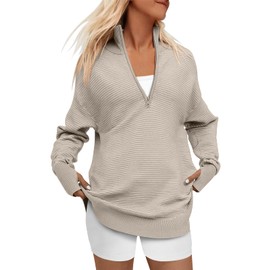 ANRABESS Women's 2024 Fall Long Sleeve Half Zip Casual Oversized Ribbed Knit Pullover Sweater Top Thumb Hole Trendy Outfits Gray Apricot Large