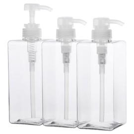 SUREAM Paquete de 3 botellas de bomba vacías transparentes, 22 onzas/650 ml, recipientes cuadrados recargables de plástico para aceite esencial, jabón, loción, champú, acondicionador, dispensadores de bomba de mano grandes para uso en baño y fregadero de