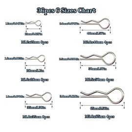 36pcs Cotter Pins, Cotter Pin Assortment Kit, Spring Fasteners Hitch Pin for Trailer Locking, Trailer Clamps, Lawn Mowers, Trucks, Mechanics, Heavy Duty R Clips Hardware Pins, 6 Sizes(M1.2-M3)