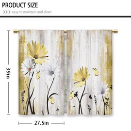 Laifzere Rustic Farmhouse Yellow Daisy Kitchen Curtains Watercolor Floral Flower Small Short Cafe Window Curtains Butterfly Country Bathroom Drapes Treatment Tier Curtains 2 Panels (27.5x39 Inch)