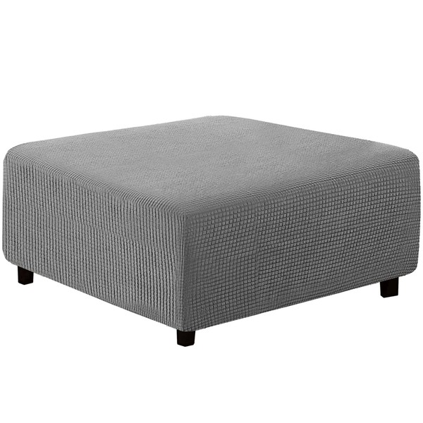 qiden Square Footstool Cover Jacquard Plush Thicker Large Stretch Pouffe Cover Anti-Slip Ottoman Slipcovers With Elastic Bottom, Machine Washable-light grey-XLarge