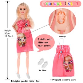 11.5 inch Pregnant Doll Include 3pcs Mommy Dolls with Small Baby in Tummy That Opens To Place Baby in and Out for kids Age 3+ (Pregnant #2)