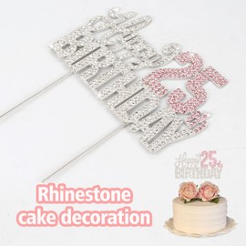 Nelbiirth Decoración para tartas con diamantes de imitación plateados y rosados de Feliz 25 cumpleaños, letrero decorativo para tartas con texto en inglés «Cheers to 25 Years»