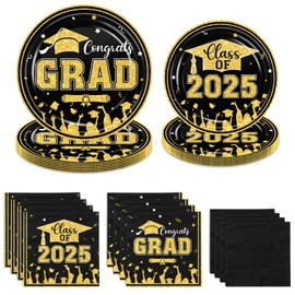 Graduation Party Plates and Napkins Class of 2025 Graduation Party Supplies Black and Gold Disposable Paper Plates Luncheon Napkins Cocktail Napkins for Congrats Grad Party Decorations Serve 50