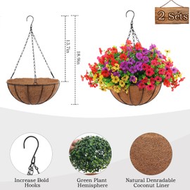 Hananona Hananona 2 Set Artificial Outdoor Flowers with Hanging Basket, 2 Hanging Planters with 24 Pcs Flowers for Spring Summer Front Porch Garden Patio Home Decor (2, Red, Purple, Yellow, Rose Red)