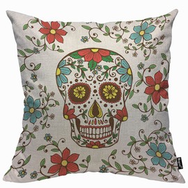 Mugod Colorful Skull with Floral Cushion Cover Throw Pillow Covers Day of The Dead Pillow Case for Men Women Decorative Home Sofa Chair Couch 45x45cm/18x18 Inch