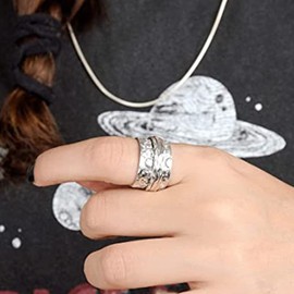 Stainless Steel Hammered Sun Moon Star Rotating Spinner Statement Band Ring, Metal, Cubic Zirconia