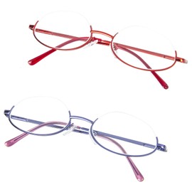 KoKoBin Half Moon Reading Glasses,2 Pairs Half Lens Frame Blue Light Blocking Spring Hinge Readers for Men and Women, Red+Purple 2.00