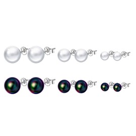 Yumilok 3/6 Pairs Women's Stud Earrings 925 Sterling Silver Round Pearls 4 6 8 mm White Black Jewellery Set Stud Piercing Earrings for Girls, Sterling Silver Cubic Zirconia, Cubic Zirconia