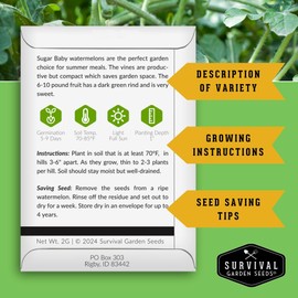 Survival Garden Seeds - Sugar Baby Watermelon Seeds | Grow Little Round Icebox Watermelons at Home - Non-GMO Heirloom (1 Pack)