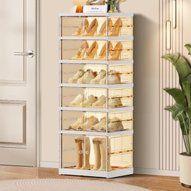 CIMLORD 6-Tier Foldable Shoe Rack for Closet Entryway 6-12Pairs,Stackable Clear Shoe Storage Boxes Organizer with Door Plastic Small Shoe Cabinet Bins with Lids Narrow Shoe Shelf Easy Assembly