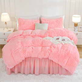 Andency Faux Fur Pink Comforter Set Queen Size, 3 Pieces Fluffy Fuzzy Plush Bedding Comforter Set (1 Shaggy Velvet Comforter & 2 Pillowcases), Soft Puffy Comfy Down Alternative Comforter Bedding Set