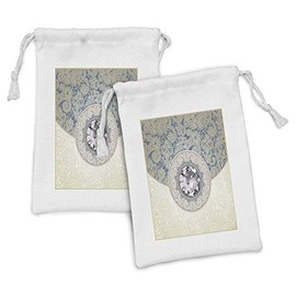 Lunarable Diamonds Fabric Pouch Set of 2, Oriental Floral Diamonds Background with Ornamental Swirling Branches Ethnic, Small Drawstring Bag for Toiletries Masks and Favors, 9" x 6", Pale Yellow Blue