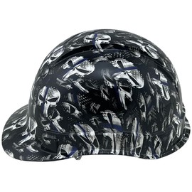 Hydrographic Cap Style Hard Hats with 6 Point Suspension - Thin Blue Line USA Flag and Skulls